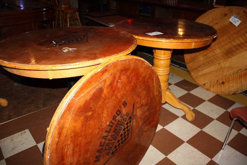 lot 128 image: Lot of (3) Circular Wood Style Tables 42 x 42 x 42 One Does Not Include Base, Only Includes Top.