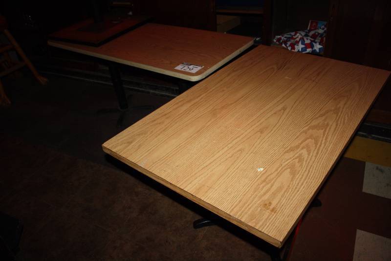 lot 129 image: Lot of (3) Wood Style Tables wMetal Bases Rectangular (2) Square (1) 30 x 48 x29.5 24 x 60 x 29.5 24 x 24 x29.5.