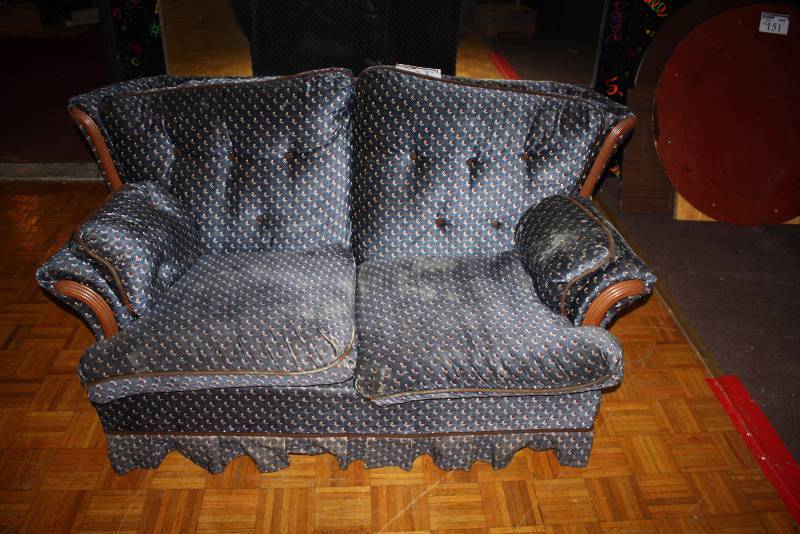 lot 153 image: Blue Sofa wWood Accents 36 x 68 x 34.
