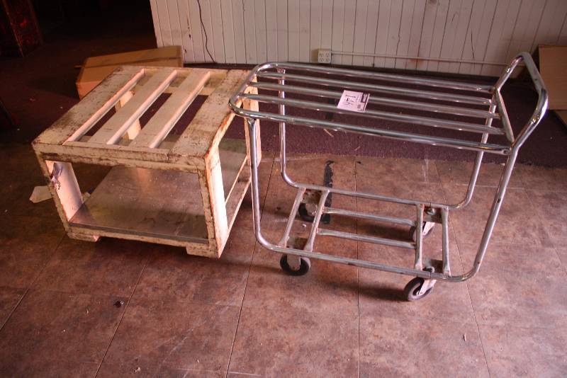 lot 146 image: Lot of (2) Carts Including Wooden Cart w2 Shelves Metal Cart w 2 Shelves 30 x 28 x 23 18 x 38 x 36.