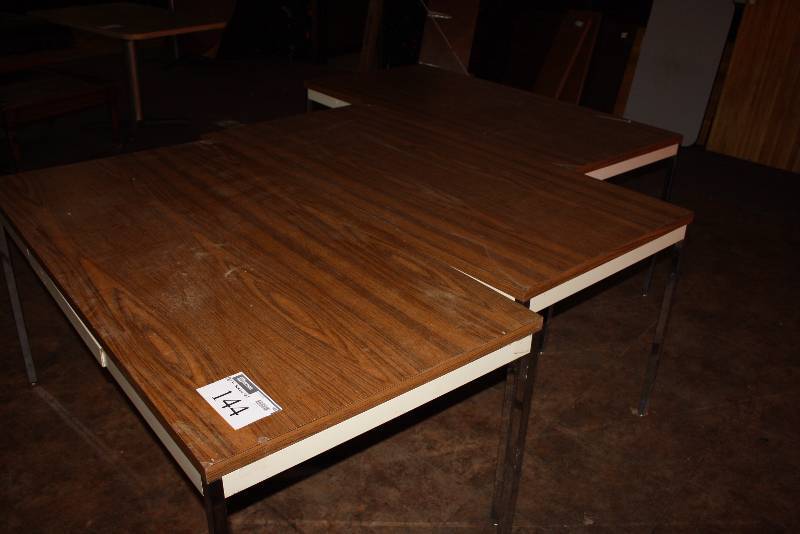 lot 144 image: Lot of (3) Wood Style Tables wMetal Legs 30 x 60 x 29.