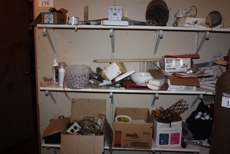 lot 158 image: Shelf Lot Including Plastic Serving Trays Bowl Of Miscellaneous Hardware Light Fixture And More.