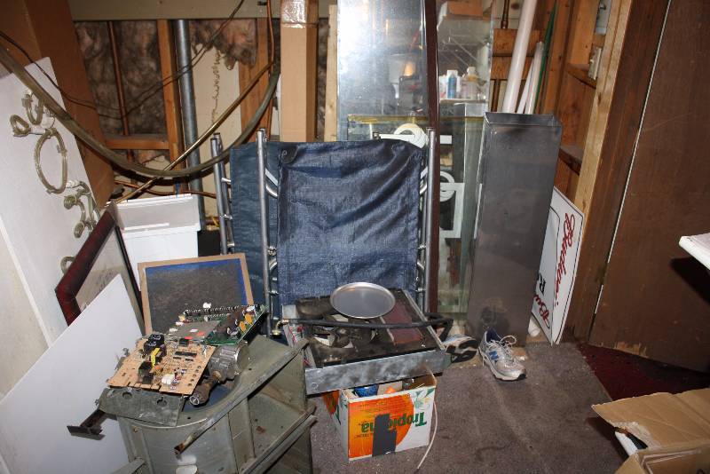 lot 159 image: Corner Lot Including Fan wEncasement Miscellaneous Electronics Framed Picture And More.