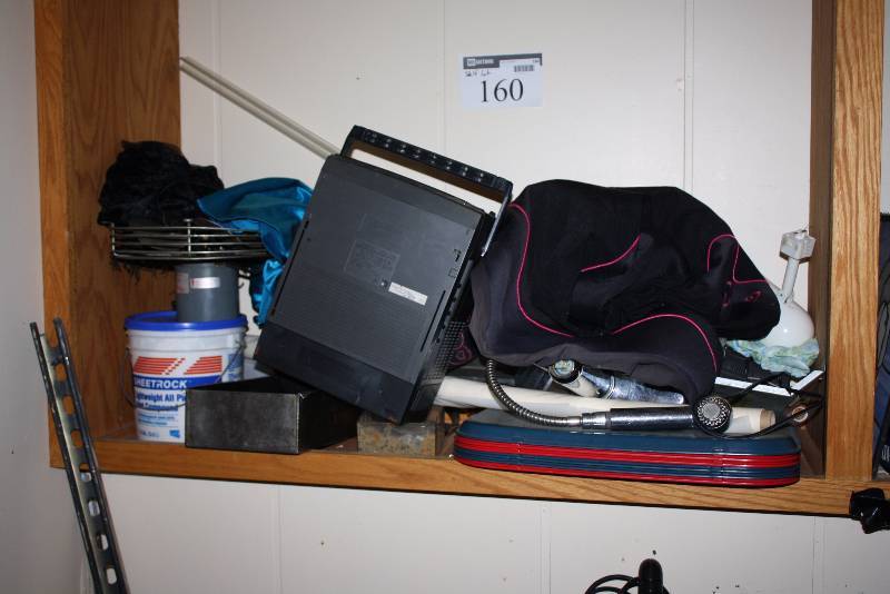 lot 160 image: Shelf Lot Including Fan wEncasement Fabric Plastic Serving Trays And More.