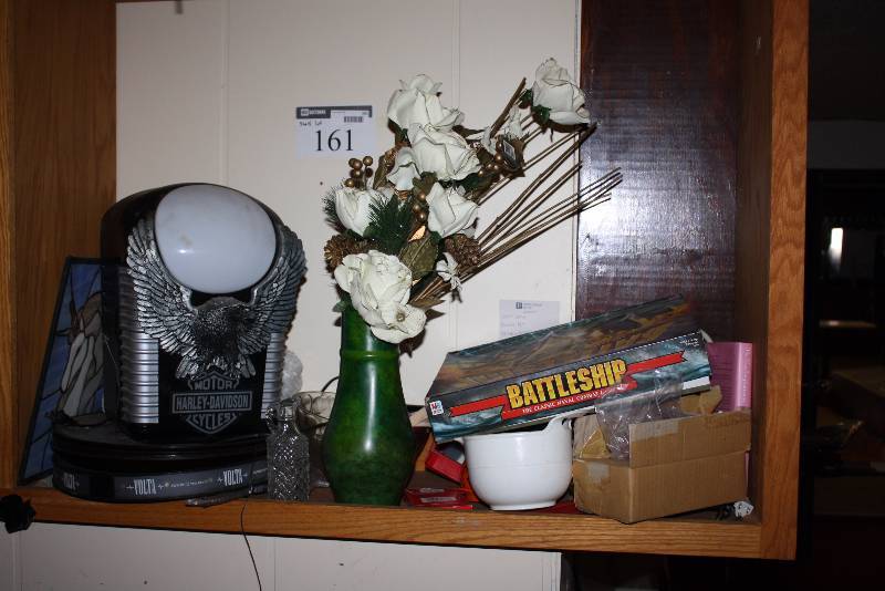 lot 161 image: Shelf Lot Including Battleship Boardgame Plastic Bowl Book Stained Glass Unicorn And More.