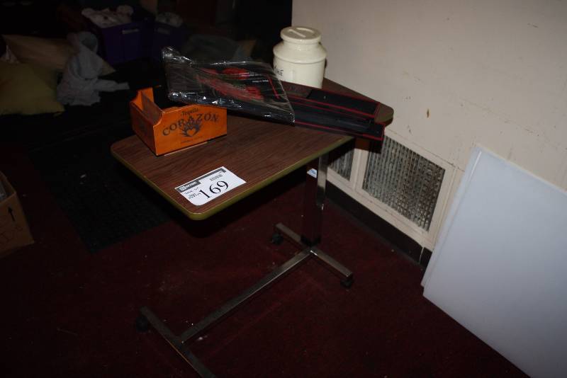 lot 169 image: Table Lot Including Wood Style Table, 15 x 30 x 29 Captain & Cola Spill Mat Dewars Spill Mats And More.