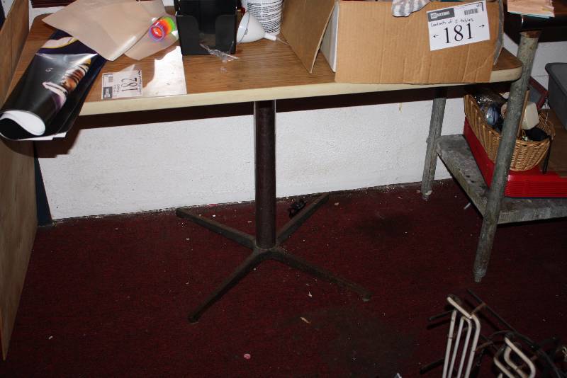 lot 182 image: Lot of (2) Wood Style Tables 24 x 42 x 30 24 x 48 x 29 Contents of Tables Not Included.
