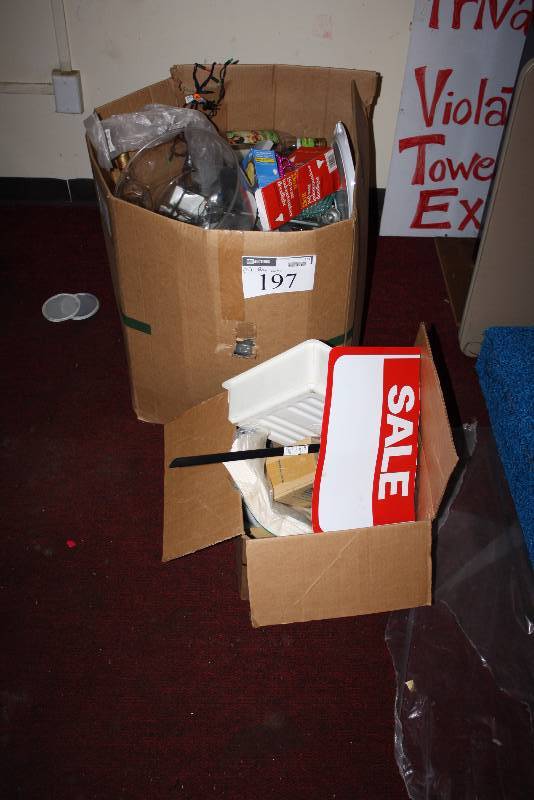 lot 197 image: Box Lot of (2) Including U-Line Plastic For Sale Sign Dishes And More.