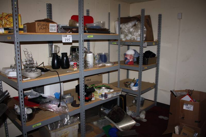 lot 195 image: Contents of Shelves Including Styrofoam Cups Plastic Containers Dish Tub And More.