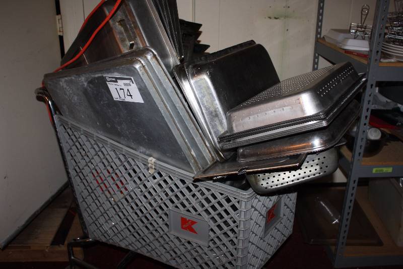 lot 174 image: Stainless Steel Kitchen Lot Including Steamer Pans Baking Trays Grocery Cart And More.