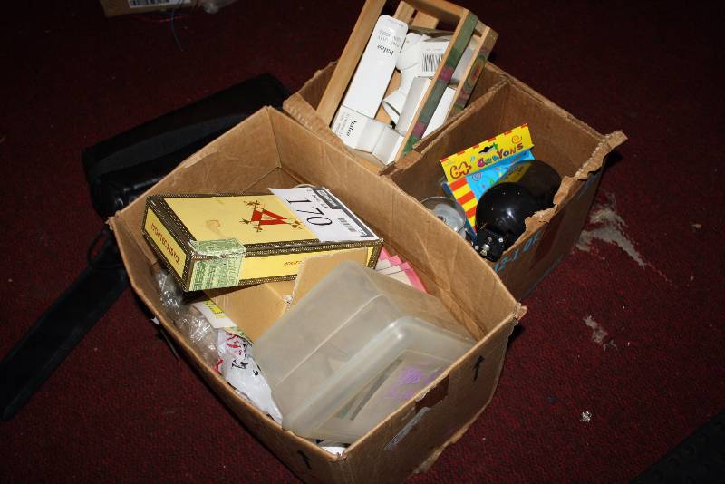 lot 170 image: Box Lot of (2) Including Cigar Box Plastic Bin Crayons And More.