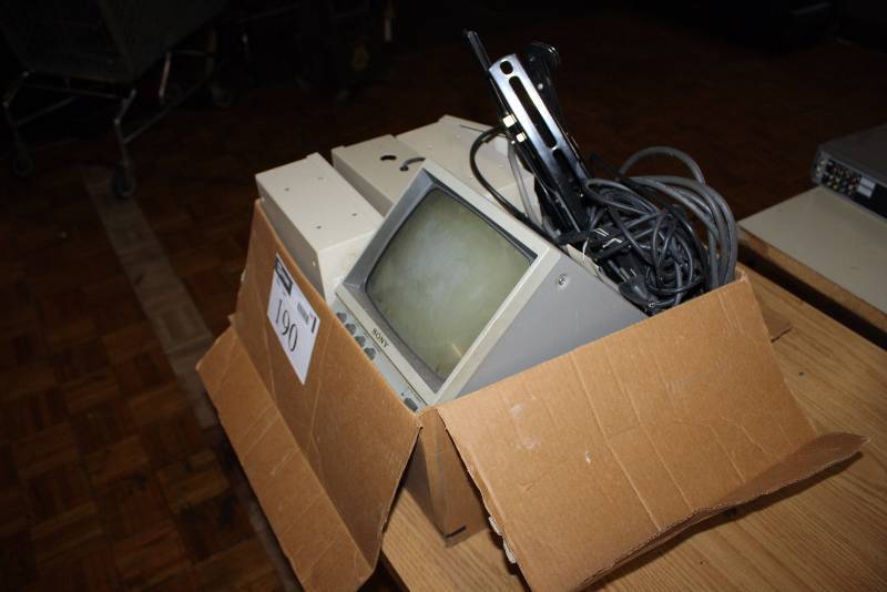 lot 190 image: Box Lot Including Sony TV Monitor Miscellaneous Electronics Power Supply Cords And More.