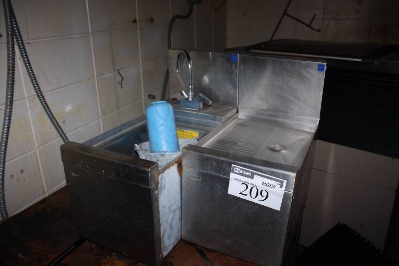 lot 209 image: Lot of (2) Including Stainless Steel Sink wFaucet Stainless Steel Drying Table 24.5 x 24 x 20.5.