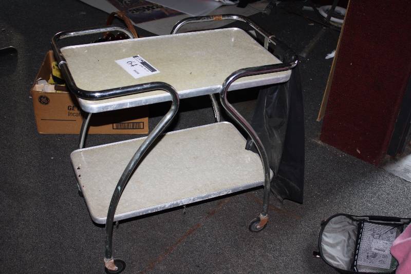 lot 64 image: Cart wTwo Shelves & Wheels White Metal Frame 29.5 x 13 x 29.