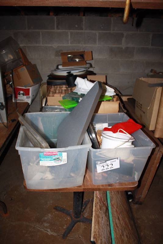 lot 222 image: Table Lot Including Table wMetal Base Glassware Plastic Serving Trays Folding Chairs (2) And More.