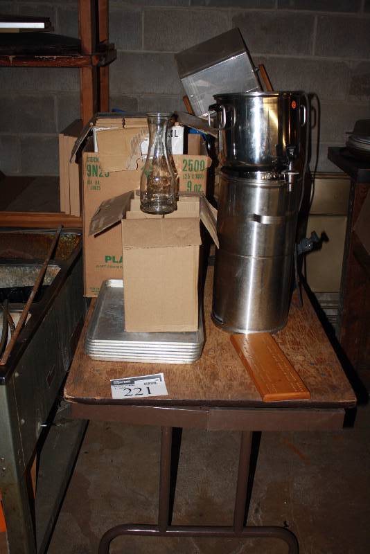lot 221 image: Table Lot Including Folding Table Coffee Warmer Glassware And More.