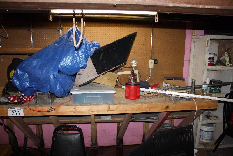 lot 233 image: Contents of Bench Including Paint Spray Bottle Outdoor Lighting Unit And More.
