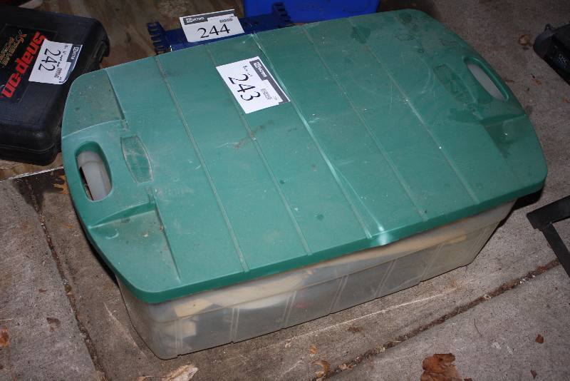 lot 243 image: Box Lot Including 72pc. Socket Set Stanley Nest of Saws Baseball Glove And More.