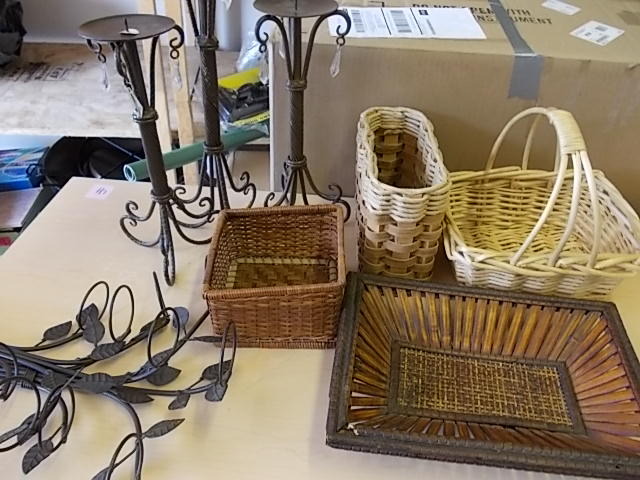 lot 86 image: Box Lot - Wicker Baskets, Wall Sconces, Candle Holders