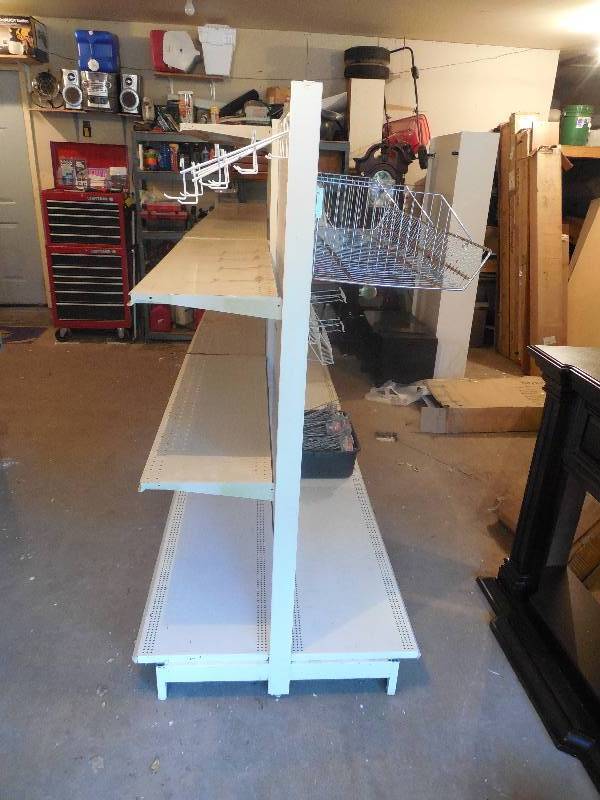 12 3 Sections Of Doubled Sided Gondola Shelving Racks With Shelves,Hooks, Baskets