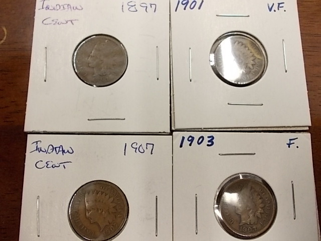 4-Indian Head Cents Different Dates F Condition.