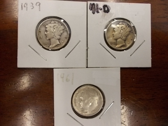 3- Silver Dimes  1939, 1941 D, 1961