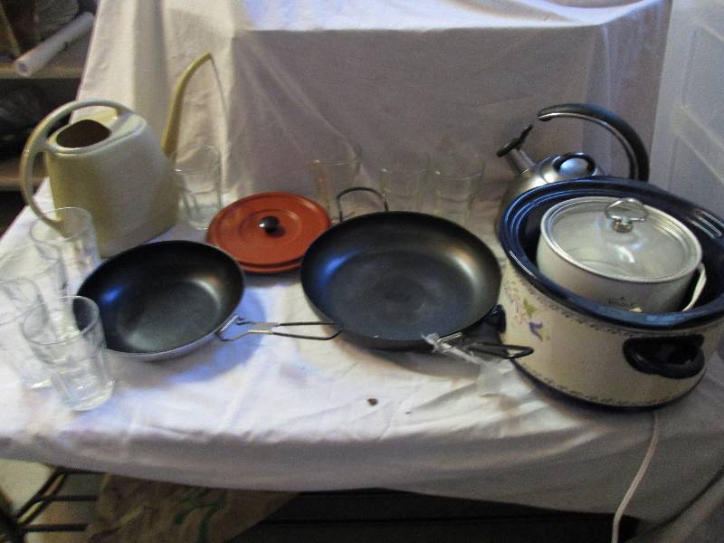 lot 36 image: pots pans watering can tea pot croc...