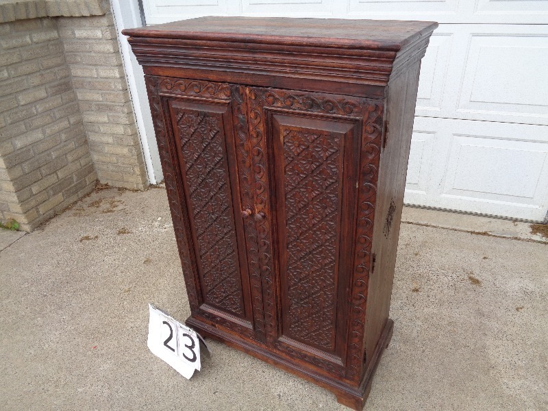 lot 23 image: Hand Carved Wood Cabinet