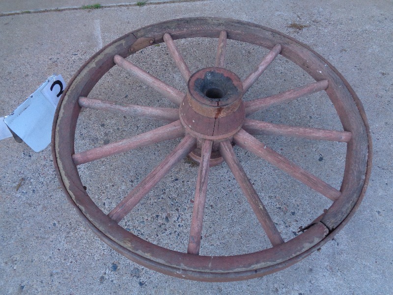 lot 3 image: Wood  Steel Spoke Wagon Wheel
