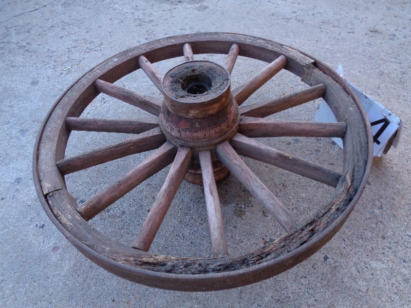 lot 4 image: Wood  Steel Spoke Wagon Wheel