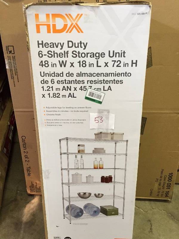 lot 53 image: HDX Heavy Duty 6 Shelf Storage Unit 48 in x 18 in x 72 in