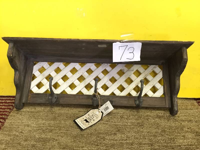 lot 73 image: Solid Wood Distressed Wall Shelf with Hooks (WhiteNatural)