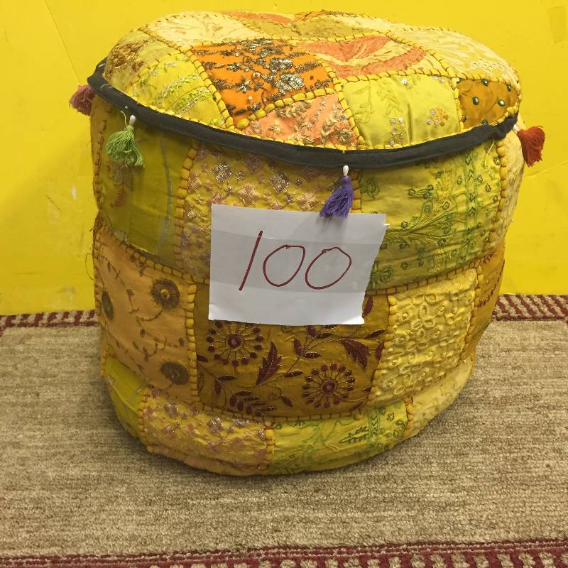 lot 100 image: Bohemian Patchwork Pouf Ottoman Yellow