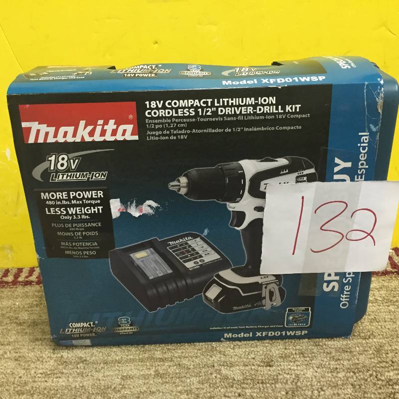 lot 132 image: Makita 18V compact Lithium ION cordless 12 Driver-Drill Kit
