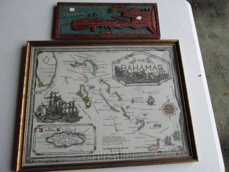 Wood carved Haiti and framed map of...