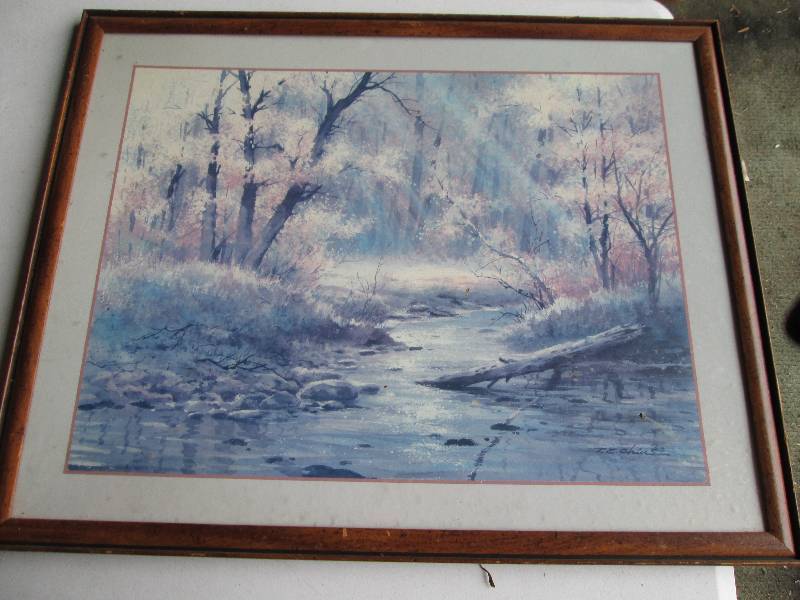 Framed forest brook scene, 30 x 24...