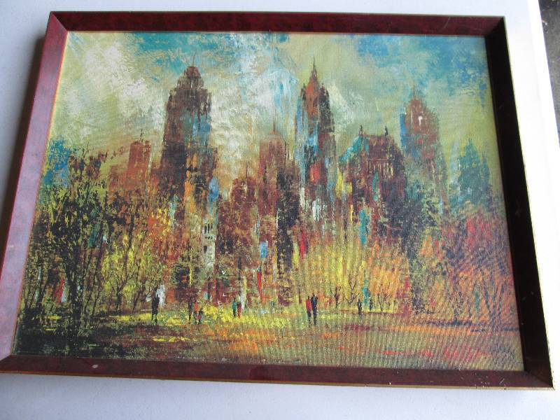 Framed city park scene 25 x 19...