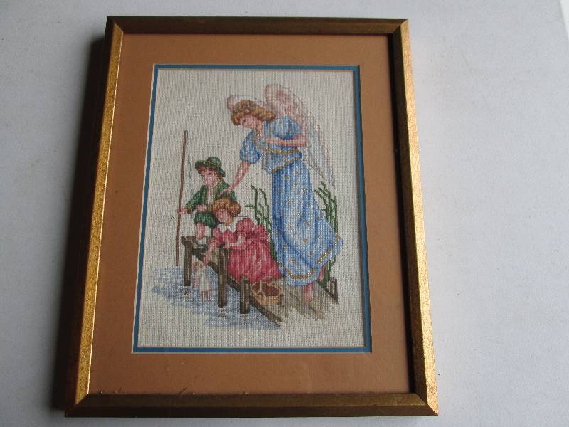 Cross stitched angel scene, framed ...