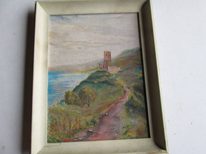 Hand painted lighthouse scene, sign...