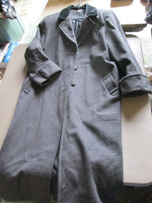 Dark grey long coat with black trim...