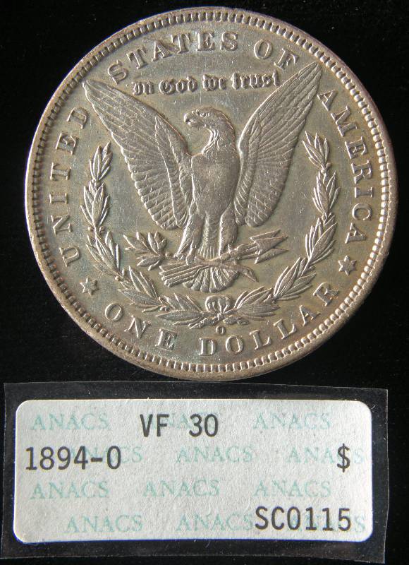 1894 O MORGAN SILVER DOLLAR VF30 EX ANACS