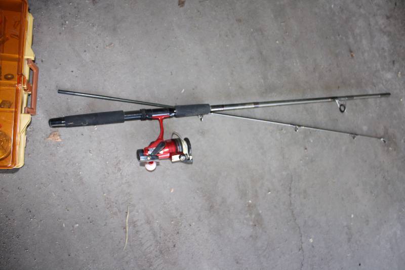 lot 12 image: Lot of (2) Including Fishing Pole wReel Tacklebox wMultiple Compartments & Clasping Top Includes Fishing Lures, Sinkers, Bobbers, And More.