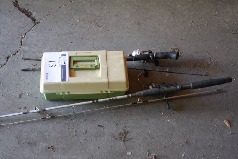 lot 13 image: Lot of (3) Including Fishing Pole wReel (2) Tacklebox wMultiple Compartments & Clasping Lid Includes Fishing Line, Fake Bait, And More.