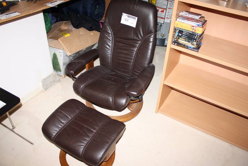 lot 48 image: Leather Style Chair wFoot Stool BlackWood 27 x 21 x 37 19 x 15 x 15.5.