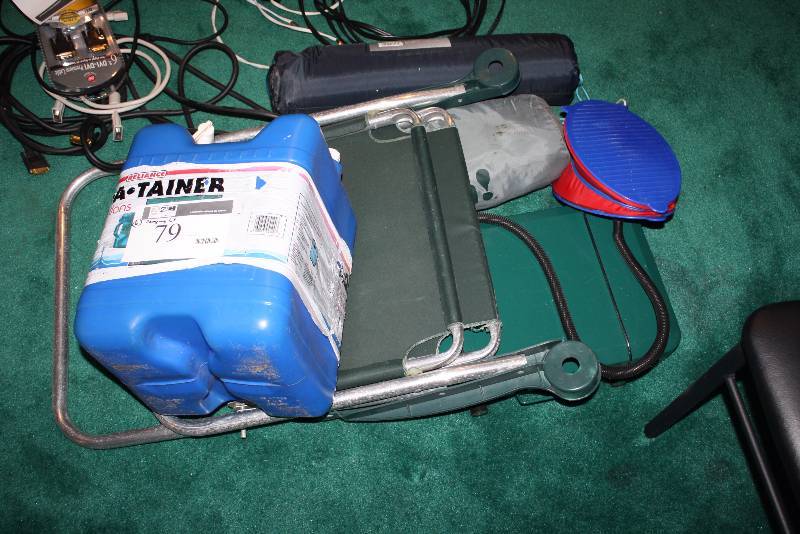 lot 79 image: Lot of (6) Camping Lot Including Folding Chair Folding Propane Camping Stove Water Jug REI Trekker Sleeping Pad And More.