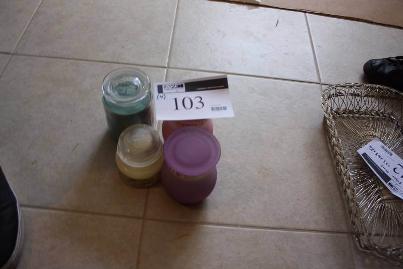lot 103 image: Lot of (4) Candles wGlass Containers.