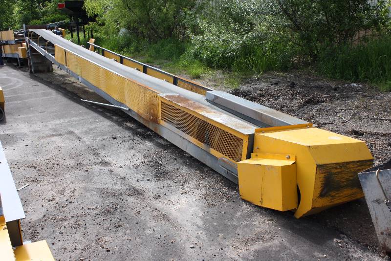 Cal-Fab Systems Inc. Commercial Conveyor Belt System wMetal Frame & Belt Stack-Loader 47 x 4, Tested & Operational Yellow North American Electric Inc. ISO9001 AC Induction Motor, HP3 RPM1430, Max 1745, Cat. No. NA182T-3-4.
