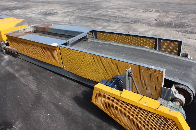 Cal-Fab Systems Inc. Commercial Conveyor Belt System wMetal Frame & Belt Flat-Loader 14 x 4, Tested & Operational Yellow North American Electric Inc. ISO9001 AC Induction Motor, HP3 RPM1430, Max 1745, Cat. No. NA182T-3-4.