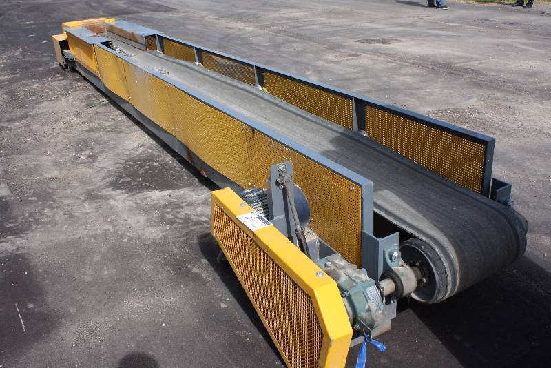 Cal-Fab Systems Inc. Commercial Conveyor Belt System wMetal Frame & Belt Flat-Loader 24.5 x 4, Tested & Operational Yellow North American Electric Inc. ISO9001 AC Induction Motor, HP3 RPM1430, Max 1745, Cat. No. NA182T-3-4.