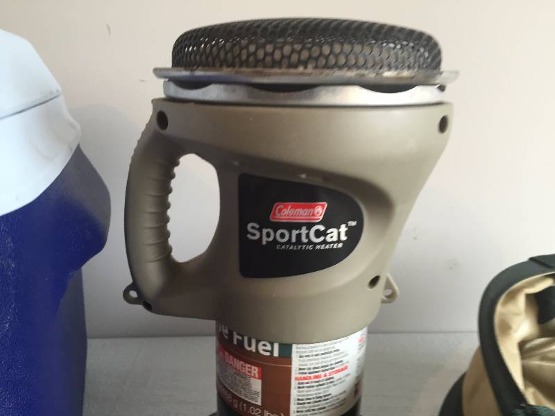 COLEMAN GAS HEATER, COOLER, COLLAPSIBLE GARBAGE CAN.